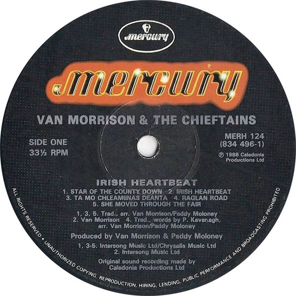 Image of Label Cover of LP - VG+/VG - VAN MORRISON AND THE CHIEFTAINS, Irish Heartbeat (Mercury; MERH 124, UK 1988, Inner), ,  - 3526085E