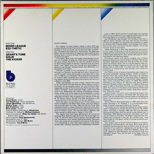 Image of Back Cover of LP - VG/VG - GRANT GREEN, Solid (Blue Note (Dark Blue w/ white 'b'); LT-990, US 1979), ,  - 3126197E