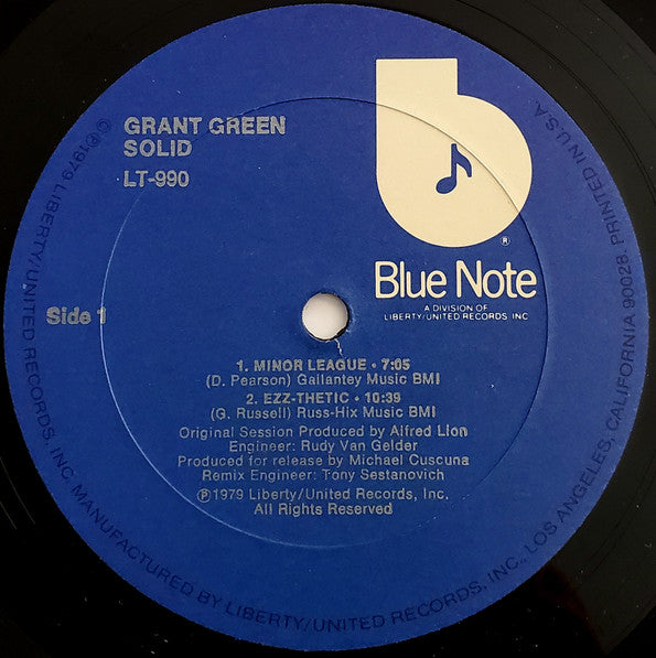 Image of Label Cover of LP - VG/VG - GRANT GREEN, Solid (Blue Note (Dark Blue w/ white 'b'); LT-990, US 1979), ,  - 3126197E