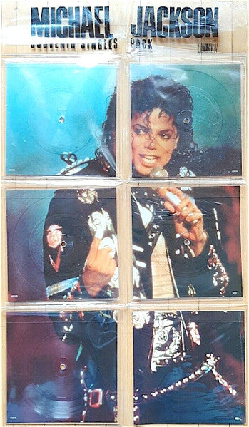 Image of Front Cover of 5x7" - VG/G+ - MICHAEL JACKSON, Souvenir Singles Pack (Epic; MJ 5, UK 1988, 6 Panel Printed PVC Hanger, Booklet, All Five Square Picture Discs), Has been in storage so has edge warp/fogging issues in places. PVC hanger is intact with just a couple of small splits, displays nicely.,  - 4316644C