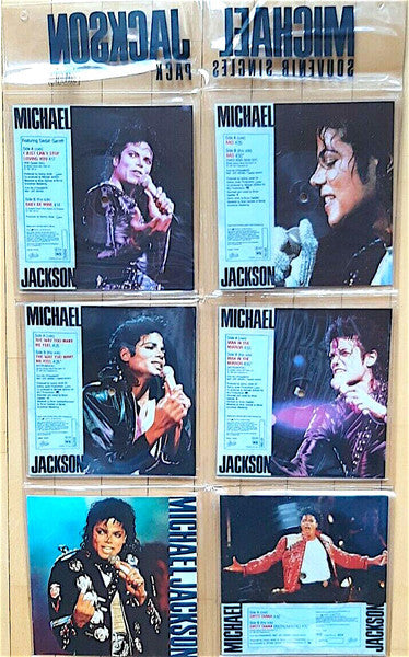 Image of Back Cover of 5x7" - VG/G+ - MICHAEL JACKSON, Souvenir Singles Pack (Epic; MJ 5, UK 1988, 6 Panel Printed PVC Hanger, Booklet, All Five Square Picture Discs), Has been in storage so has edge warp/fogging issues in places. PVC hanger is intact with just a couple of small splits, displays nicely.,  - 4316644C
