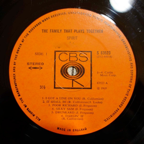 Image of Label Cover of 1624338E: LP - SPIRIT, The Family that Plays Together (CBS Orange (33 1/3 On Label); 63523, UK 1967, Laminated Front Sleeve, Stereo)   VG/G+