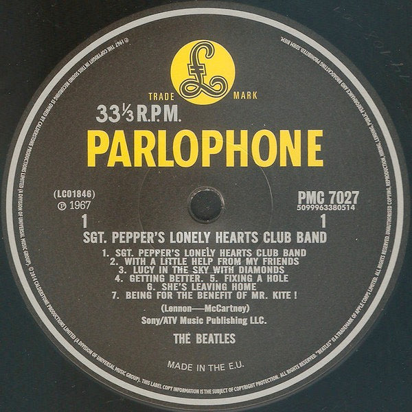 Image of Label Cover of LP - EX/EX - THE BEATLES, Sgt. Pepper's Lonely Hearts Club Band (Parlophone Black/Yellow; PMC 7027, UK 2014 Reissue, Gatefold With Inner Flipback, Inner & Insert, Mono, 180g Vinyl), ,  - 3746165S