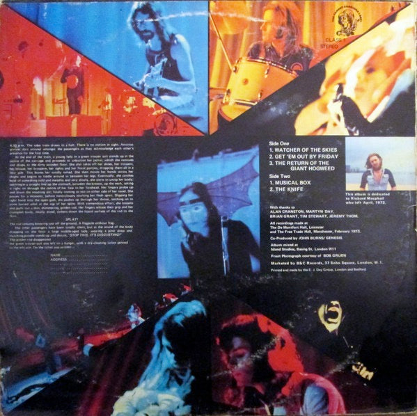 Image of Back Cover of 4925433E: LP - GENESIS, Live (Charisma Large Hatter B & C Marketing; CLASS 1, UK 1973, Matt Sleeve) Edge and Ring Wear  VG/VG