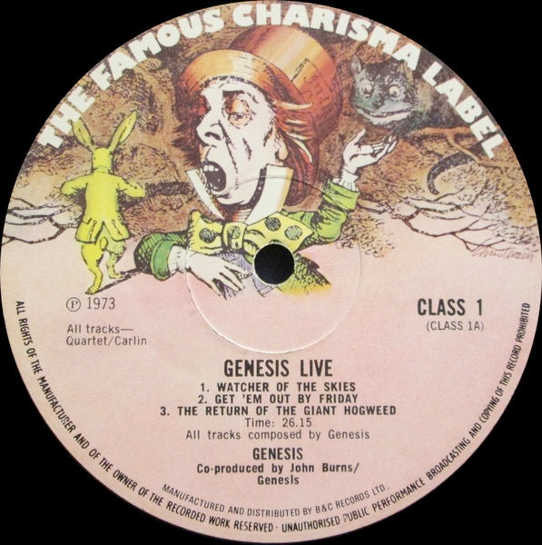 Image of Label Cover of 4925433E: LP - GENESIS, Live (Charisma Large Hatter B & C Marketing; CLASS 1, UK 1973, Matt Sleeve) Edge and Ring Wear  VG/VG