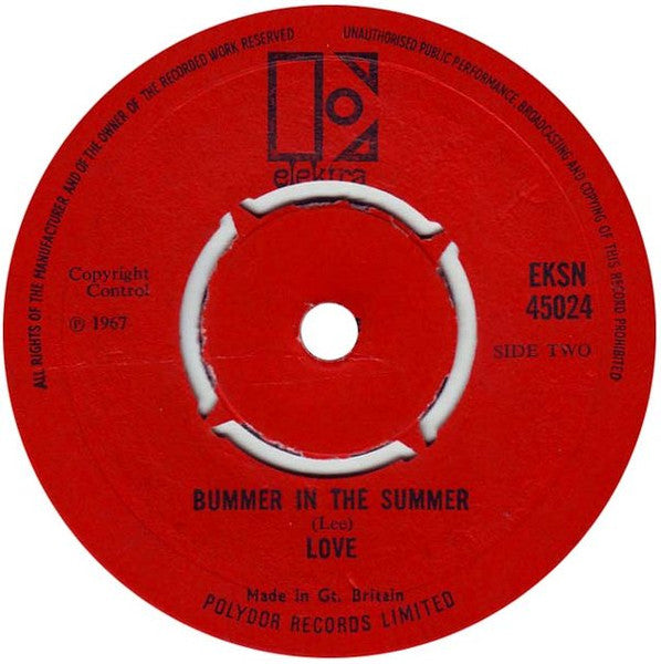 Image of Back Cover of 4624099E: 7" - LOVE, Alone Again Or / Bummer In The Summer (Elektra ; EKSN45024, UK 1968, Plain Sleeve) In Later Orange Elektra Company Sleeve  VG/VG+