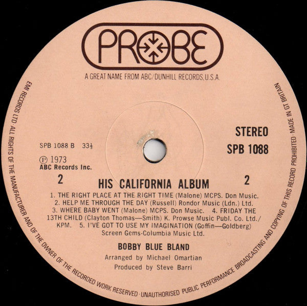 Image of Label Cover of LP - G+/G+ - BOBBY BLUE BLAND, His California Album  (Probe; SPB 1088, UK 1973), Lots of marks. Plays above grade. Wear to sleeve with ringwear & evidence of previous price sticcker.,  - 2726111E