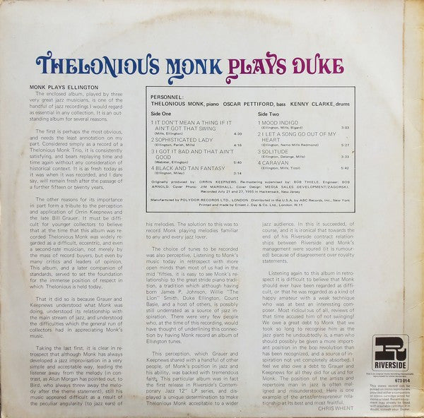 Image of Back Cover of LP - VG/VG - THELONIOUS MONK, Plays Duke Ellington (Riverside; 673 014, UK 1969 Reissue), ,  - 3126286E