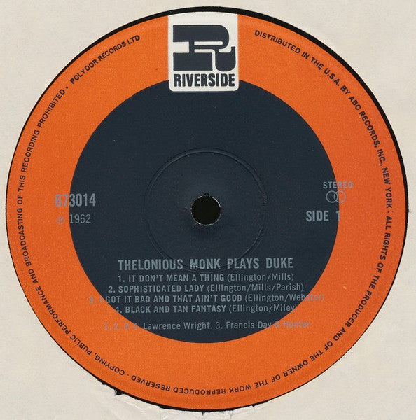 Image of Label Cover of LP - VG/VG - THELONIOUS MONK, Plays Duke Ellington (Riverside; 673 014, UK 1969 Reissue), ,  - 3126286E