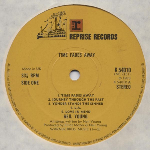 Image of Label Cover of LP - VG/VG+ - NEIL YOUNG, Time Fades Away (Reprise Tan, No WB Logo; K 54010, UK 1973, Textured Sleeve, NO Insert), Very clean disc. Poster in lovely shape.,  - 1946278S