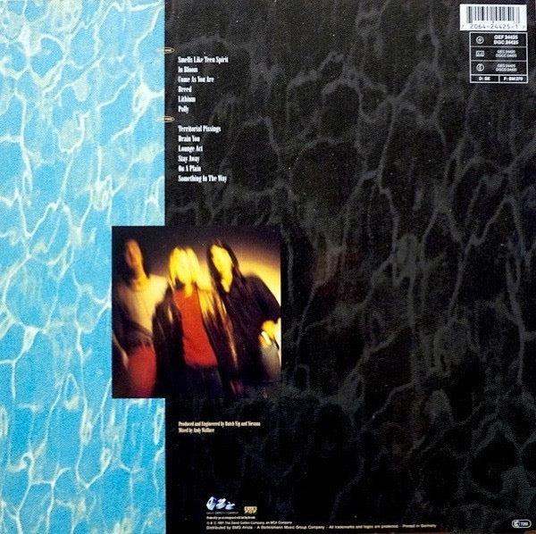 Image of Back Cover of LP - VG/G+ - NIRVANA, Nevermind (DGC; GEF 24425, Europe 1991, Inverted Image Inner, Sonopress, Embossed Bass Clef On Side B Label), Hairlines, scuffs & light scratches, none feelable, edge wear, HMV  7.99 price sticker!,  - 4046046S
