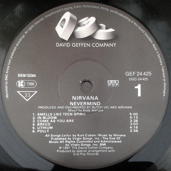 Image of Label Cover of LP - VG/G+ - NIRVANA, Nevermind (DGC; GEF 24425, Europe 1991, Inverted Image Inner, Sonopress, Embossed Bass Clef On Side B Label), Hairlines, scuffs & light scratches, none feelable, edge wear, HMV  7.99 price sticker!,  - 4046046S