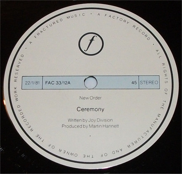 Image of Label Cover of 12" - VG/G+ - NEW ORDER, Ceremony (Factory; FAC. 33, UK 1984 Reissue, Cream/Blue Sleeve, A2 / B1 Matrix), ,  - 1216277C