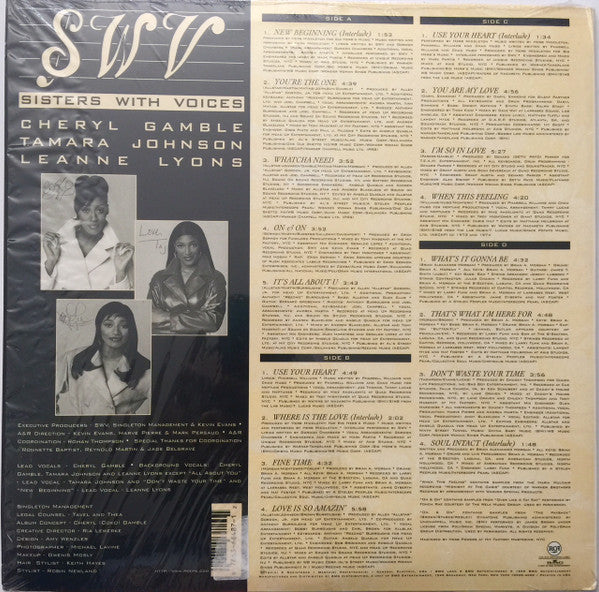 Image of Back Cover of 2xLP - VG/G - SWV, New Beginning (RCA; 07863 66487-1, US 1996), Disc one has slight edge warp (plays through). Both records fogged, scuffed, marked. Sleeve has hype-stickered shrink-wrap, with worn opening, bumps and splits at corners,  - 2616322C