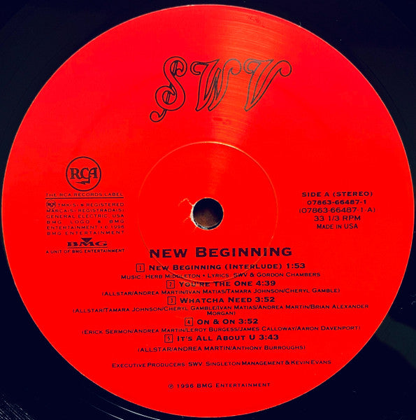 Image of Label Cover of 2xLP - VG/G - SWV, New Beginning (RCA; 07863 66487-1, US 1996), Disc one has slight edge warp (plays through). Both records fogged, scuffed, marked. Sleeve has hype-stickered shrink-wrap, with worn opening, bumps and splits at corners,  - 2616322C