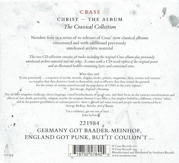 Image of Back Cover of 2xCDs - VG+/VG+ - CRASS, Christ - The Album (Crassical Collection) (Crass Records; CC04, UK 2011 Reissue, Gatefold Card Sleeve In Slipcase, Booklet, Poster), ,  - 3216242C