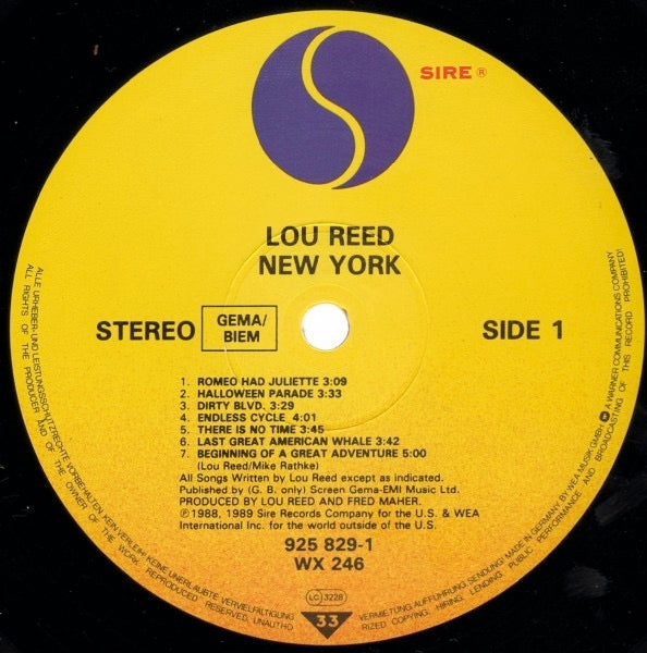 Image of Label Cover of LP - VG/VG - LOU REED, New York (Sire; WX 246, UK & Europe 1989, Inner & Insert, Masterdisk Run Out), Light Marks only.,  - 2816110C