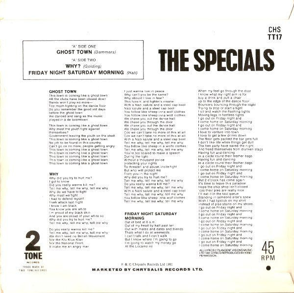 Image of Back Cover of 7" - VG/VG - THE SPECIALS, Ghost Town / Why? / Friday Night, Saturday Morning (Two-Tone Records (Silver Injection Labels); CHS TT17, UK 1981, Flipback Front Laminated Sleeve), Writing On Rear Sleeve,  - 4126109E