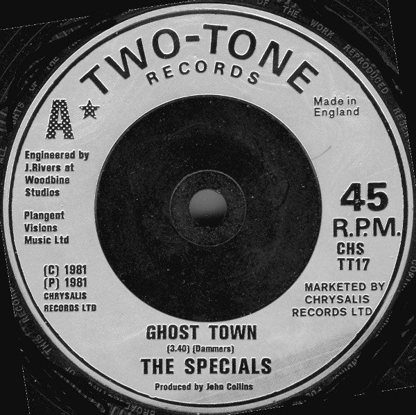 Image of Label Cover of 7" - VG/VG - THE SPECIALS, Ghost Town / Why? / Friday Night, Saturday Morning (Two-Tone Records (Silver Injection Labels); CHS TT17, UK 1981, Flipback Front Laminated Sleeve), Writing On Rear Sleeve,  - 4126109E