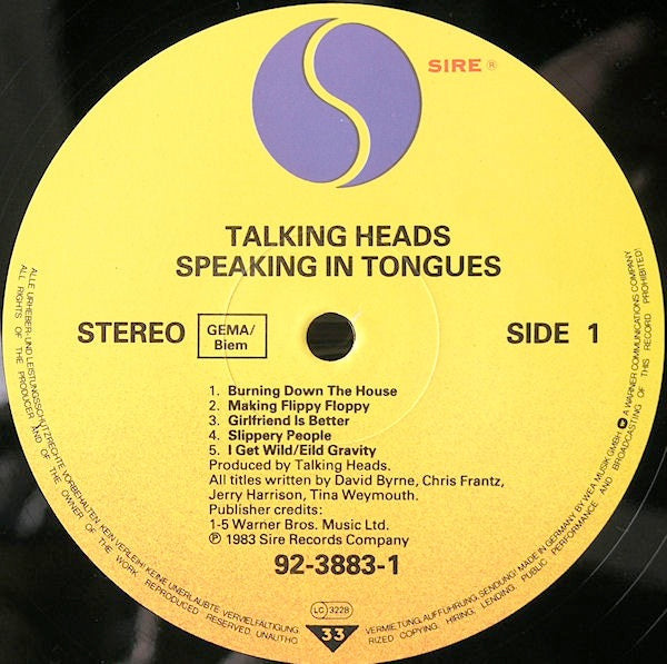 Image of Label Cover of LP - VG/VG+ - TALKING HEADS, Speaking In Tongues (Sire GEMA/Biem Rights Box "SIDE 1/2" Indicators; 92-3883-1, Europe 1983, Inner With Cat. No.), "Prime Cuts" sticker on sleeve.,  - 2616075C