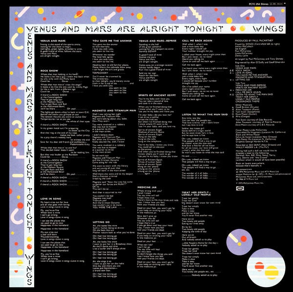 Image of Back Cover of LP - VG/G+ - WINGS, Venus and Mars (Capitol; PCTC254, UK 1975, Gatefold, Inner, 2 Posters, 2 Stickers), Wispy marks, Strong G+, With all the bits. ,  - 2116524C