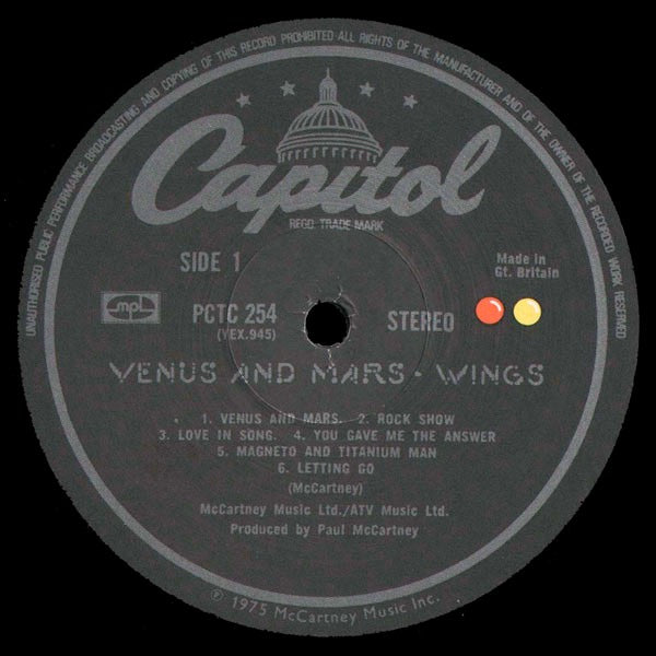 Image of Label Cover of LP - VG/G+ - WINGS, Venus and Mars (Capitol; PCTC254, UK 1975, Gatefold, Inner, 2 Posters, 2 Stickers), Wispy marks, Strong G+, With all the bits. ,  - 2116524C