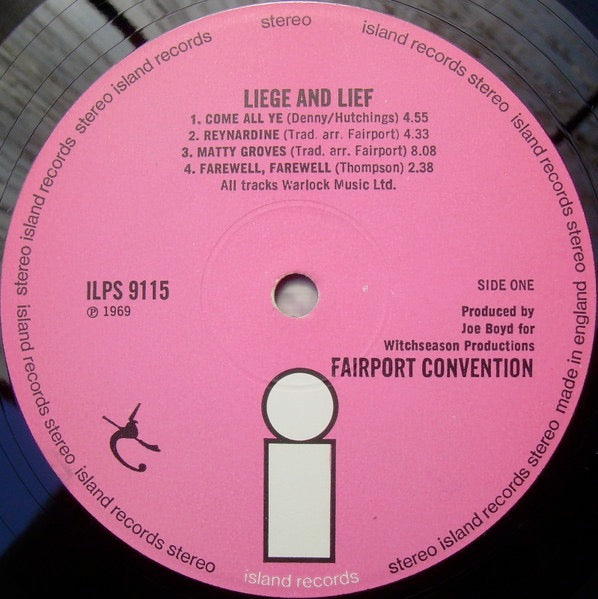 Image of Label Cover of LP - G+/G - FAIRPORT CONVENTION, Liege and Lief (Island Pink/i logo; ILPS9115, UK 1969, Gatefold), Surface noise and lots of marks across record.  Sleeve is grubby with edge wear. ,  - 2126223E