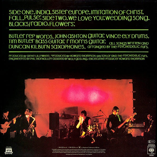 Image of Back Cover of LP - VG/VG - THE PSYCHEDELIC FURS, The Psychedelic Furs (CBS Orange/Yellow; CBS 32299, UK 1983 Reissue, Green Sleeve, TimTom In Runout), Hairlines, edge wear,  - 2246209S