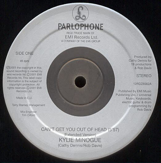 Image of Label Cover of 12" - VG+/VG - KYLIE MINOGUE, Can't Get You Out Of Head (Parlophone ; 12RDZ6562A, UK 2001, Die Cut "Company" Sleeve), Storage marks and has a little warp, plays fine. Light sticker ghost top right of sleeve.,  - 3316042C