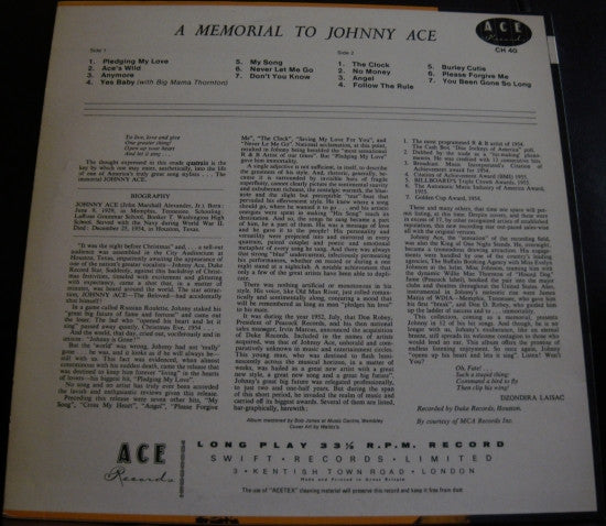 Image of Back Cover of LP - VG/VG - JOHNNY ACE, Memorial Album For Johnny Ace (Ace; CH 40, UK 1980s Reissue, Mono), Sleeve has wear and creasing at opening and along edges / spine,  - 3916262C