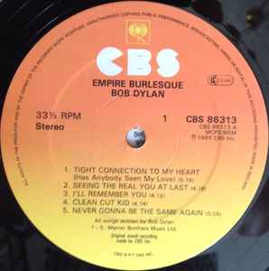 Image of Label Cover of 0945020S: LP - BOB DYLAN, Empire Burlesque (CBS; 86313, UK 1985, Inner)   VG+/VG+