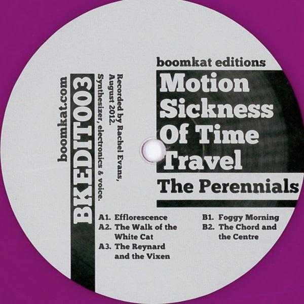 Image of Back Cover of 2314659C: LP - MOTION SICKNESS OF TIME TRAVEL, The Perennials (Boomkat; BKEDIT003, UK 2013, Die Cut Sleeve, Purple Vinyl, Numbered Ltd Edition) Numbered 213 (stamped)  VG+/VG+