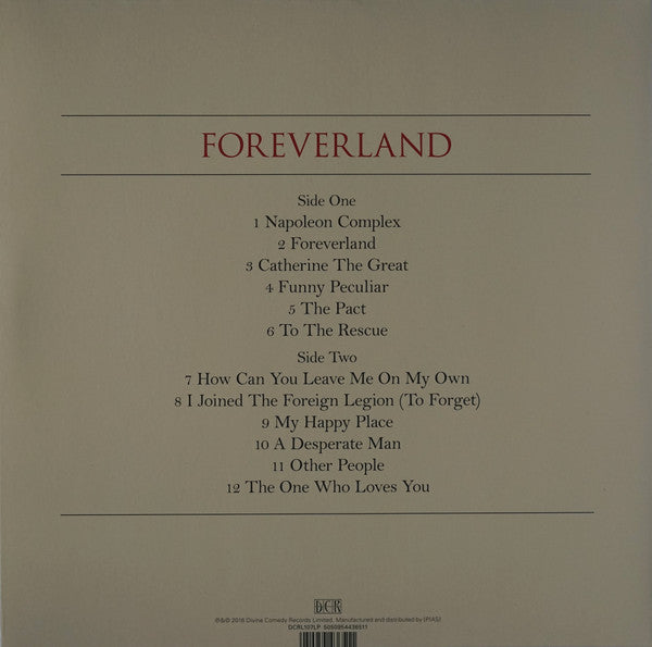 Image of Back Cover of LP - VG+/VG+ - THE DIVINE COMEDY, Foreverland (Divine Comedy Records Ltd; DCRL107LP, Europe 2016, Gatefold, Inner, 180 Gram), Hype Sticker On Back Sleeve,  - 3146182S