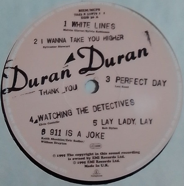 Image of Label Cover of LP - VG/VG+ - DURAN DURAN, Thank You (Parlophone; 7243 8 31879 1 1, UK 1995, Gatefold Sleeve With Transparent DD Sticker, With Poster), Small scratch marks, one to front and one to rear of sleeve.,  - 2516144C