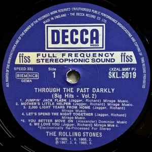 Image of Label of 3644015S: LP - THE ROLLING STONES, Through The Past, Darkly (Big Hits Vol. 2) (Decca Small Blue Boxed; SKL5019, UK 1972 Reissue, Square Sleeve Laminated Front With Indicator Hole, Stereo Indicator Inner, Stereo, Matrix Right Way Up on Label) Light edge creasing  VG/VG+