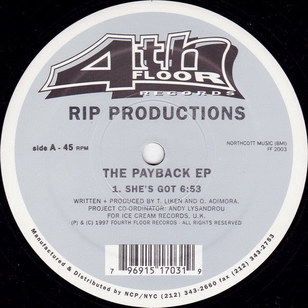 Image of Back Cover of 12" - VG/G+ - RIP PRODUCTIONS, The Payback EP (4th Floor Records; FF 2003, US 1997, Stickered Plain Sleeve), Lighter marks only. Sleeve has some wear, scuffs and stains, A1		She's GotB1		Bugsy's ThemeB2		You Cheated - 2516282C