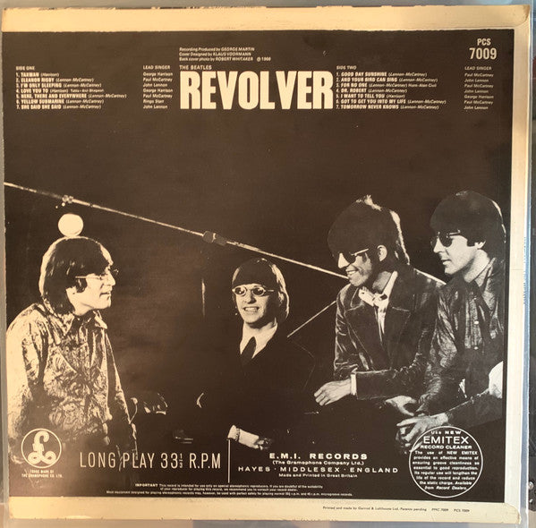Image of Back Cover of LP - VG+/VG - THE BEATLES, Revolver (Parlophone Silver & Black Labels With 2 EMI Boxes, Rim Text Starts With Gramophone; PCS 7009, UK 1970 Reissue, Laminated Flipback G&L Sleeve, Stereo, Misspelling Of A4 'Love You Too"), Clean sleeve, Just a couple of pinches at spine, Glossy disc, Some light mottling in parts. ,  - 2216065C