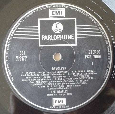 Image of Label Cover of LP - VG+/VG - THE BEATLES, Revolver (Parlophone Silver & Black Labels With 2 EMI Boxes, Rim Text Starts With Gramophone; PCS 7009, UK 1970 Reissue, Laminated Flipback G&L Sleeve, Stereo, Misspelling Of A4 'Love You Too"), Clean sleeve, Just a couple of pinches at spine, Glossy disc, Some light mottling in parts. ,  - 2216065C
