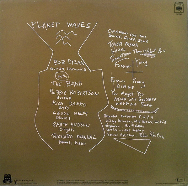 Image of Back Cover of 0526208E: LP - BOB DYLAN, Planet Waves (CBS Sunburst; CBS32154, US 1984 Reissue, Company Inner)   VG/VG+