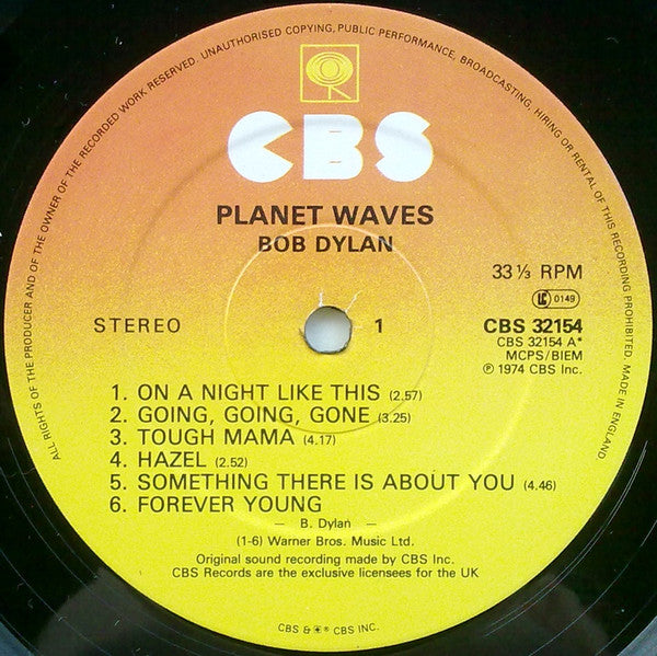 Image of Label Cover of 0526208E: LP - BOB DYLAN, Planet Waves (CBS Sunburst; CBS32154, US 1984 Reissue, Company Inner)   VG/VG+