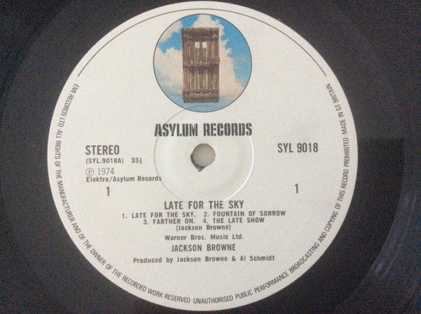 Image of Label Cover of LP - VG/VG - JACKSON BROWNE, Late For The Sky (Asylum Records White Labels With Door Logo; SYL 9018, UK 1974), ,  - 3816082C