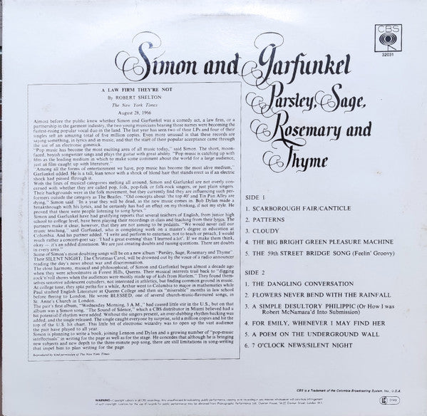 Image of Back Cover of LP - VG/VG+ - SIMON AND GARFUNKEL, Parsley, Sage, Rosemary And Thyme (CBS Orange/Yellow; 32031, UK 1970s Reissue), ,  - 2646060S