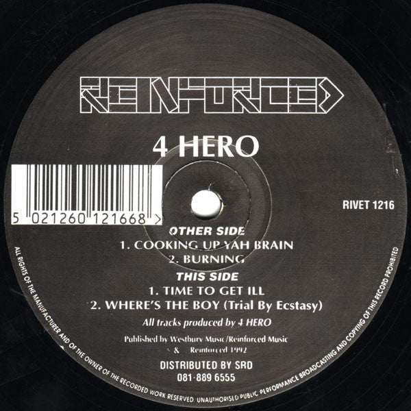 Image of Back Cover of 12" - G+/G+ - 4 HERO, Cookin Up Ya Brain / Where's The Boy (Reinforced Records; RIVET 1216, UK 1992, Titled Company Sleeve), Several light marks, plays VG.,  - 2346332S