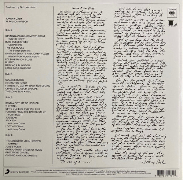 Image of Back Cover of 2xLP - NEW/NEW - JOHNNY CASH, At Folsom Prison (Sony legacy; 88875111971, Europe 2015 Reissue, Gatefold, Booklet, 180 Gram Vinyl), ,  - 6016021C