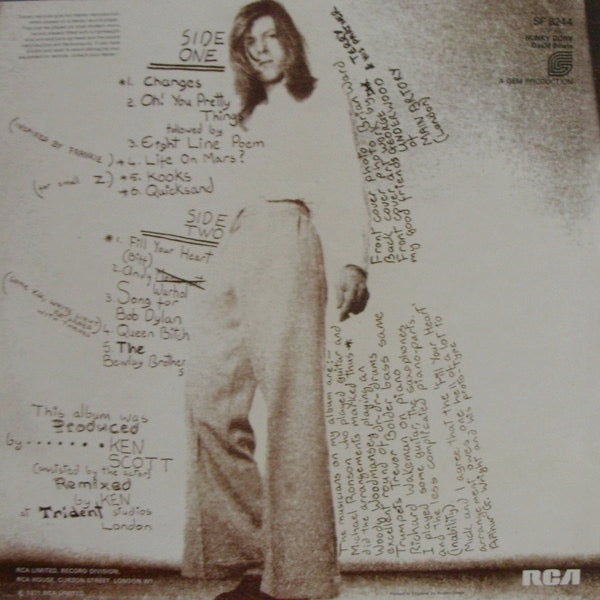 Image of Back Cover of LP - VG/VG - DAVID BOWIE, Hunky Dory (RCA Victor; SF 8244, UK 1972, Insert, A3T/B3T Bobil, Bobil/Rasputin Matrices, Gem Production, No Mainman), Strong VG Throughout ,  - 1315553C