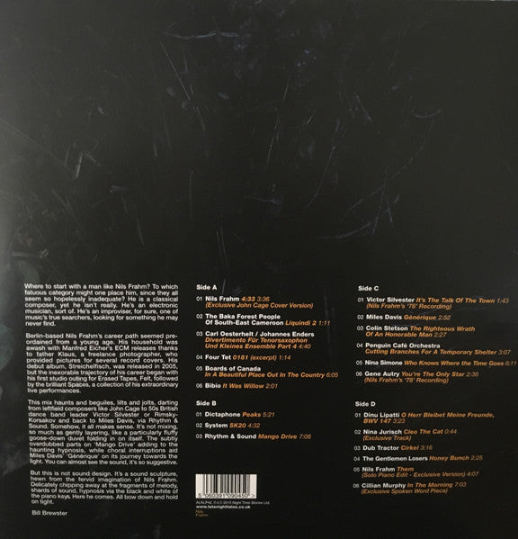 Image of Back Cover of 2xLP - VG+/VG+ - NILS FRAHM, Late Night Tales (Late Night Tales; ALNLP42, UK 2015, Insert, Limited collectors edition. 'Half speed' mastered for optimum audiophile reproduction.), Excellent copy. Minor corner wear.,  - 3726020E