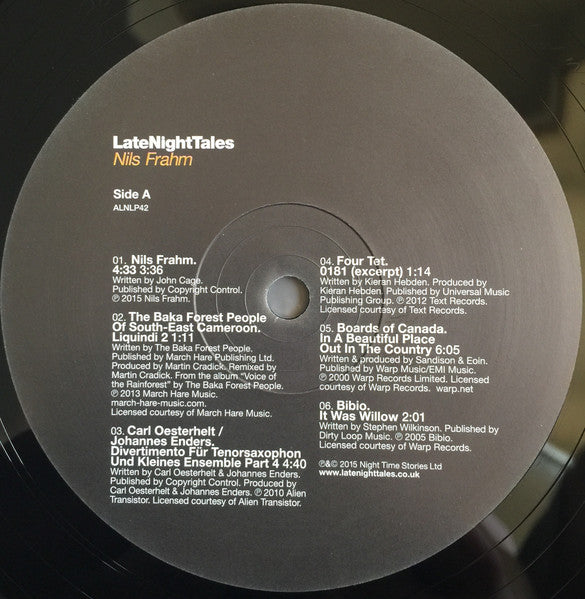 Image of Label Cover of 2xLP - VG+/VG+ - NILS FRAHM, Late Night Tales (Late Night Tales; ALNLP42, UK 2015, Insert, Limited collectors edition. 'Half speed' mastered for optimum audiophile reproduction.), Excellent copy. Minor corner wear.,  - 3726020E