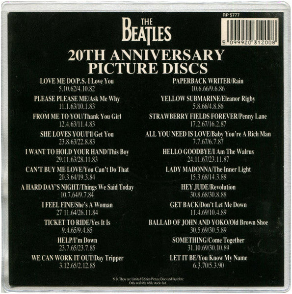 Image of Back Cover of 3914402C: 7" - THE BEATLES, Get Back/ Don't Let me Down (Parlophone; RP5777, UK 1989 Reissue, PVC Sleeve, Insert, Picture Disc) Just hairlines from sleeve.  VG+/VG