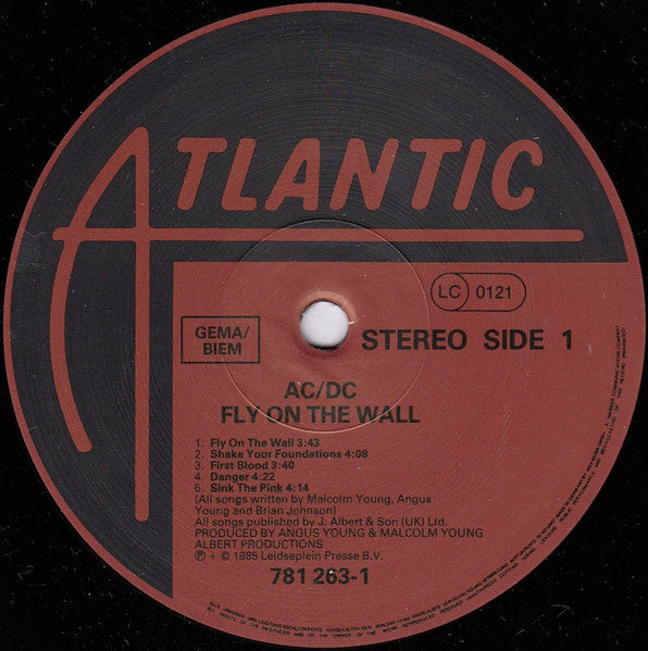 Image of Label Cover of LP - G+/VG - AC/DC, Fly On The Wall (Atlantic; 781 263-1 , Europe 1985, Inner, GEMA / BIEM), Sticker damage/small rip to sleeve front. ,  - 2626277E