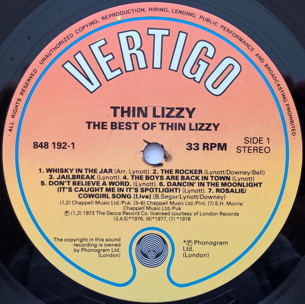 Image of Label Cover of LP - VG/VG - THIN LIZZY, Dedication: The Very Best Of Thin Lizzy (Vertigo; 848 192-1, UK 1991), Light hairlines, Wear to sleeve edges,  - 2316343C